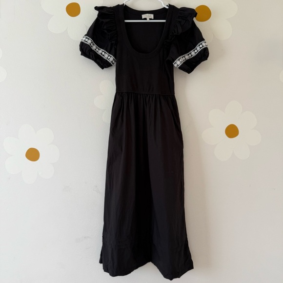 EUC Cleobella Black Selma Midi Dress with Ruffle Puff Short Sleeves & Embroidery - Picture 5 of 13